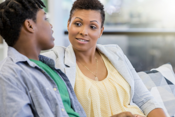 mom talking to her son